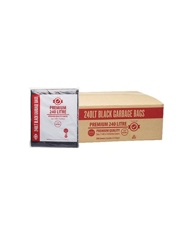 Heavy Duty Garbage Bags — Black, 240L, 22um (Carton of 100)